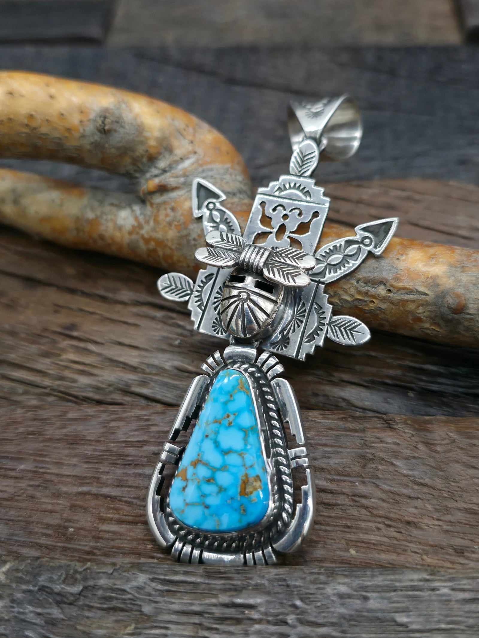 Stamped Sterling Silver Turquoise Katchina Pendant by F. Charley