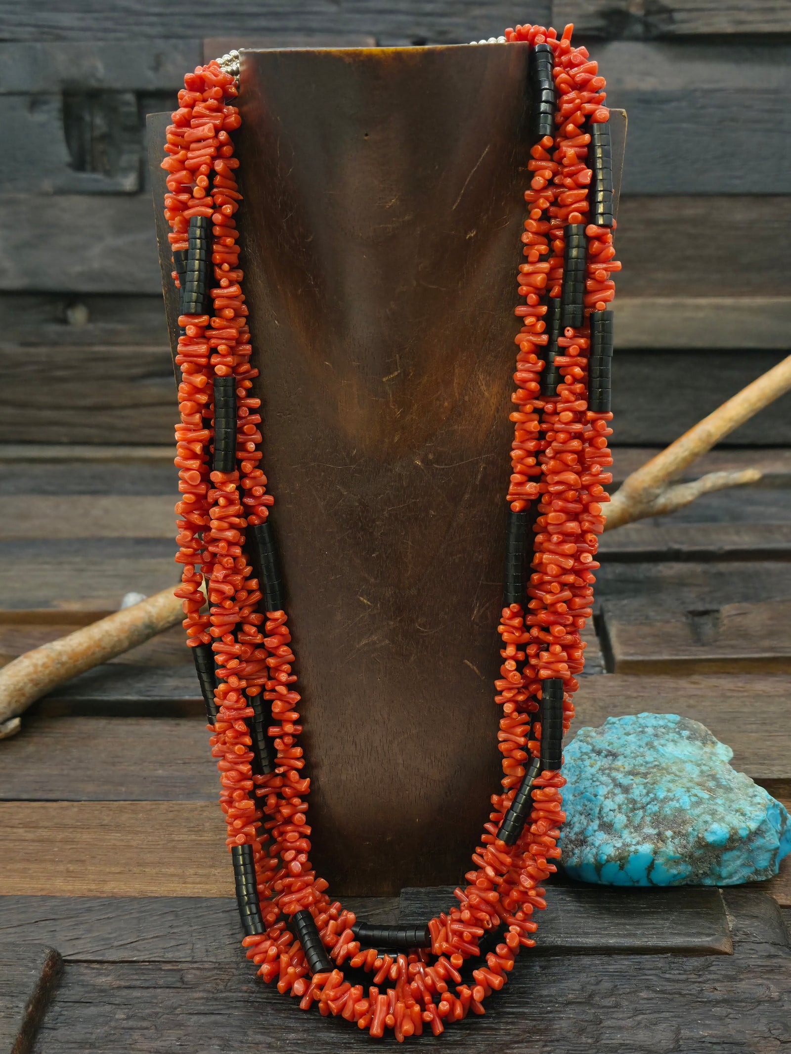 Five Strand Coral and Jet Necklace with Sterling Silver by Fred Archuleta - 26 in. with 4 in. Extender