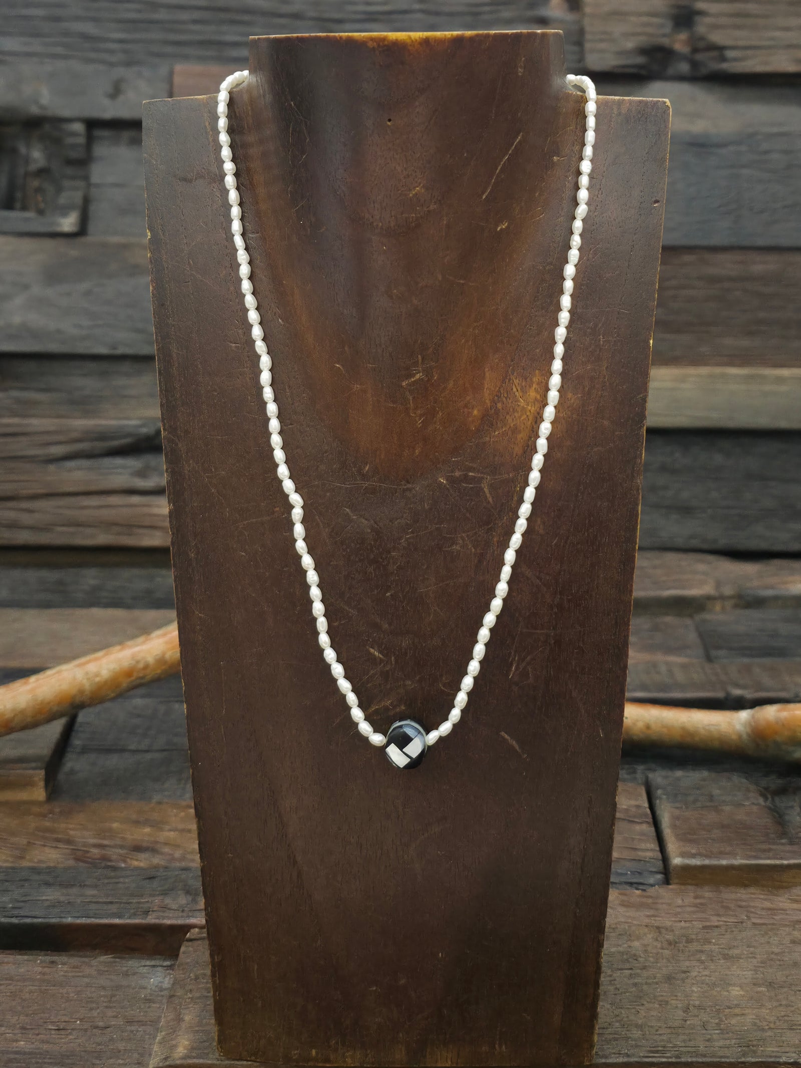 Pearl Necklace with Jet and Mother of Pearl Mosaic Inlay Bead by Rena Owen - 18 in.