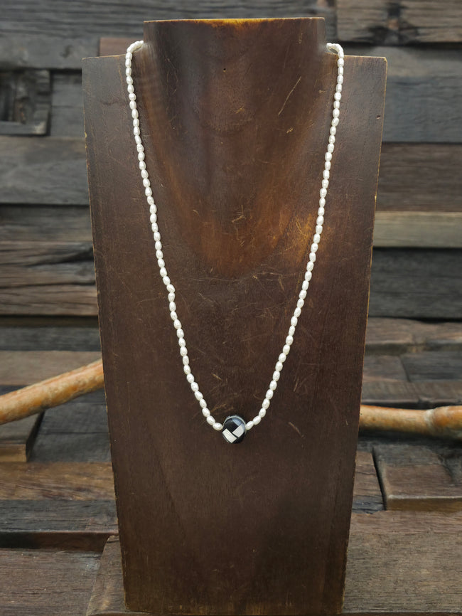 Pearl Necklace with Jet and Mother of Pearl Mosaic Inlay Bead by Rena Owen - 18 in.