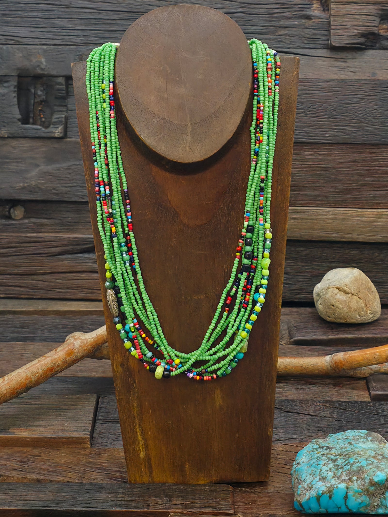 Nine Strand Green Mixed Bead Necklace by Jacqueline Coriz - 21 in.