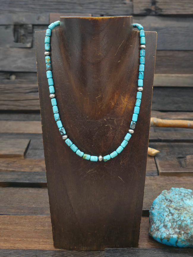 Blue Turquoise and Sterling Silver Bead Necklace - 17 in.