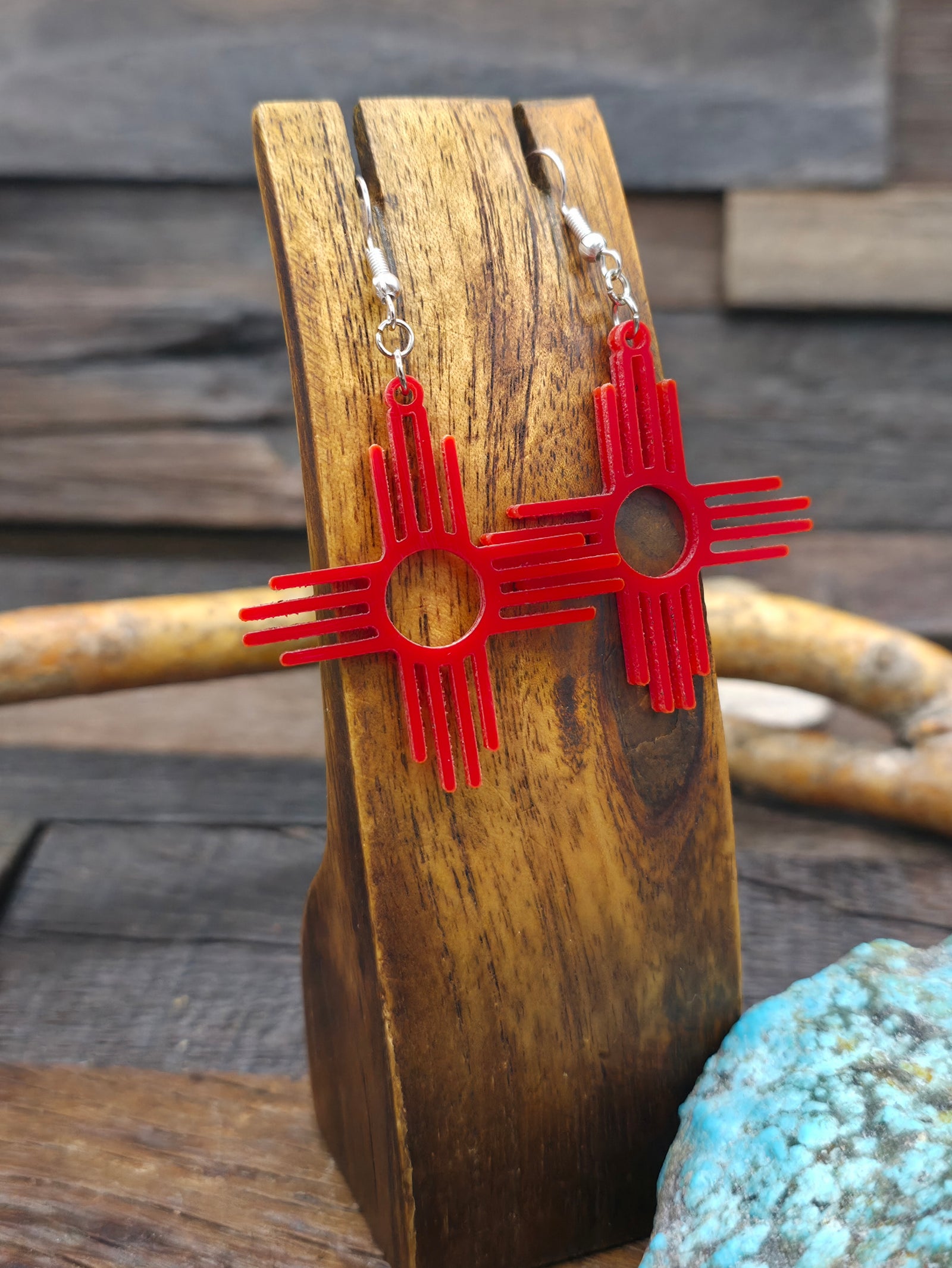 Red Acrylic Zia Symbol Earrings - 2 1/2 in. by 1 1/2 in.