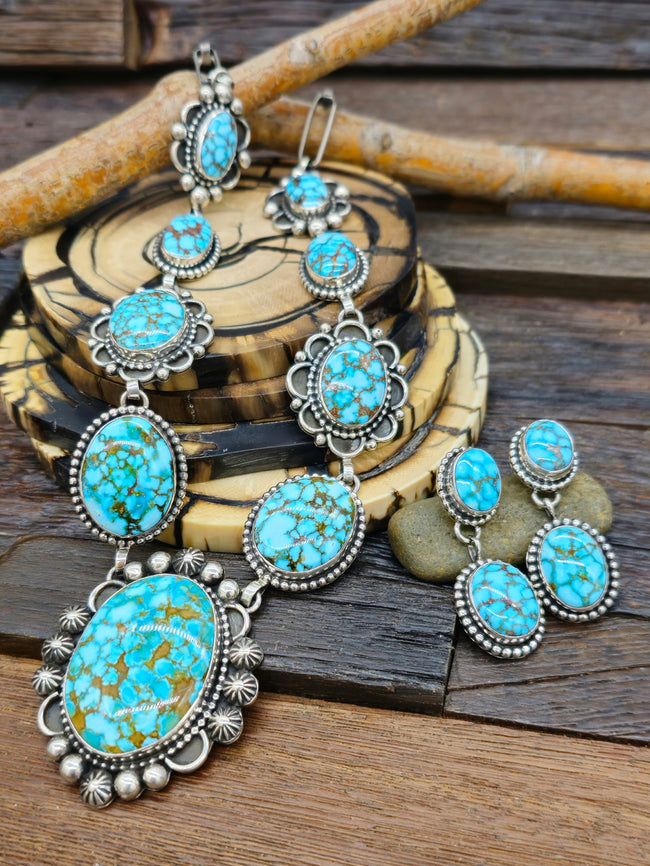 Sterling Silver and Turquoise Lariat Necklace and Earring Set by Mary Ellen - 22 in
