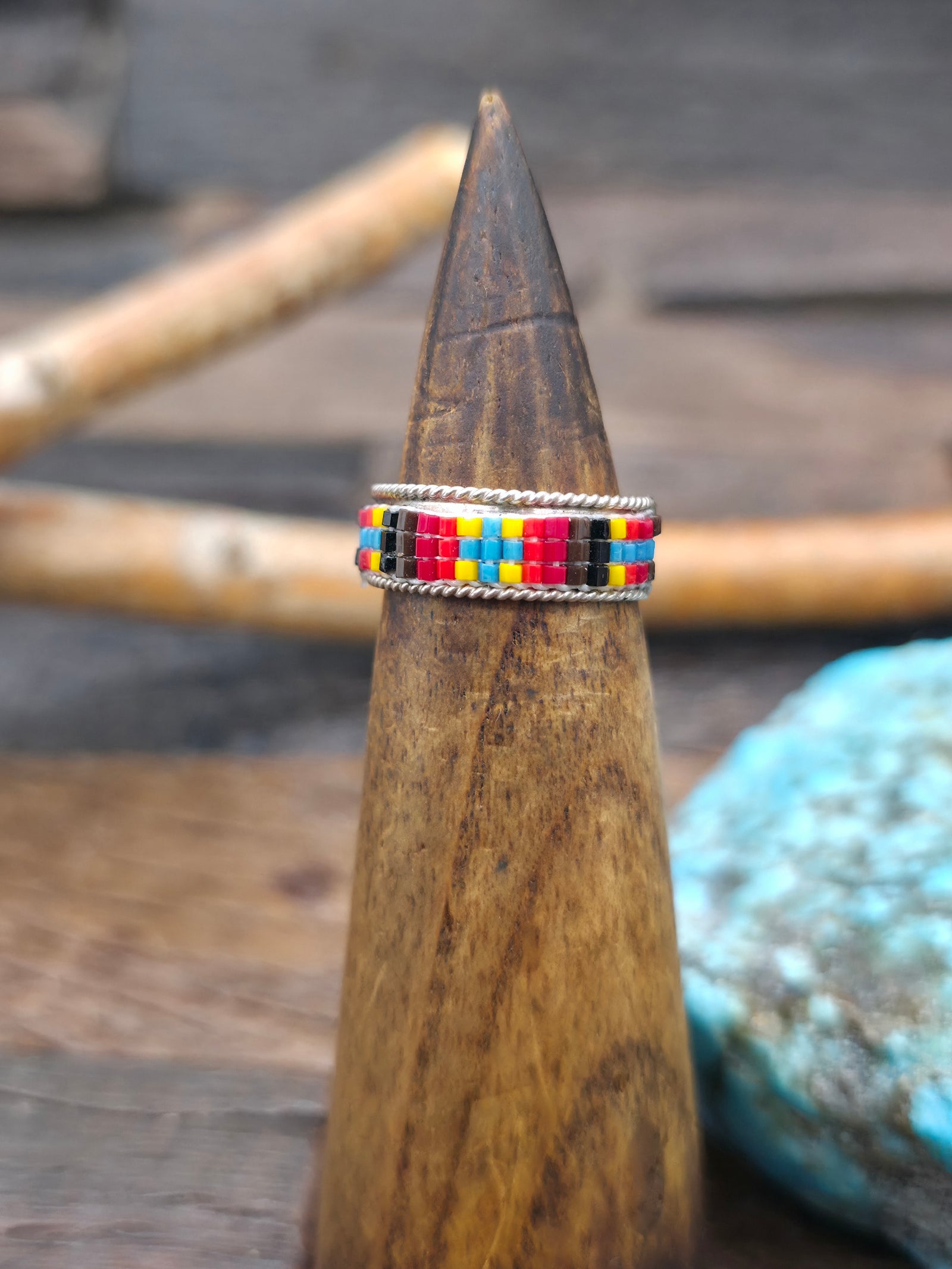 Beadwork Sterling Silver Ring by Lucille Ramone - Blue Cross Center - Size 7