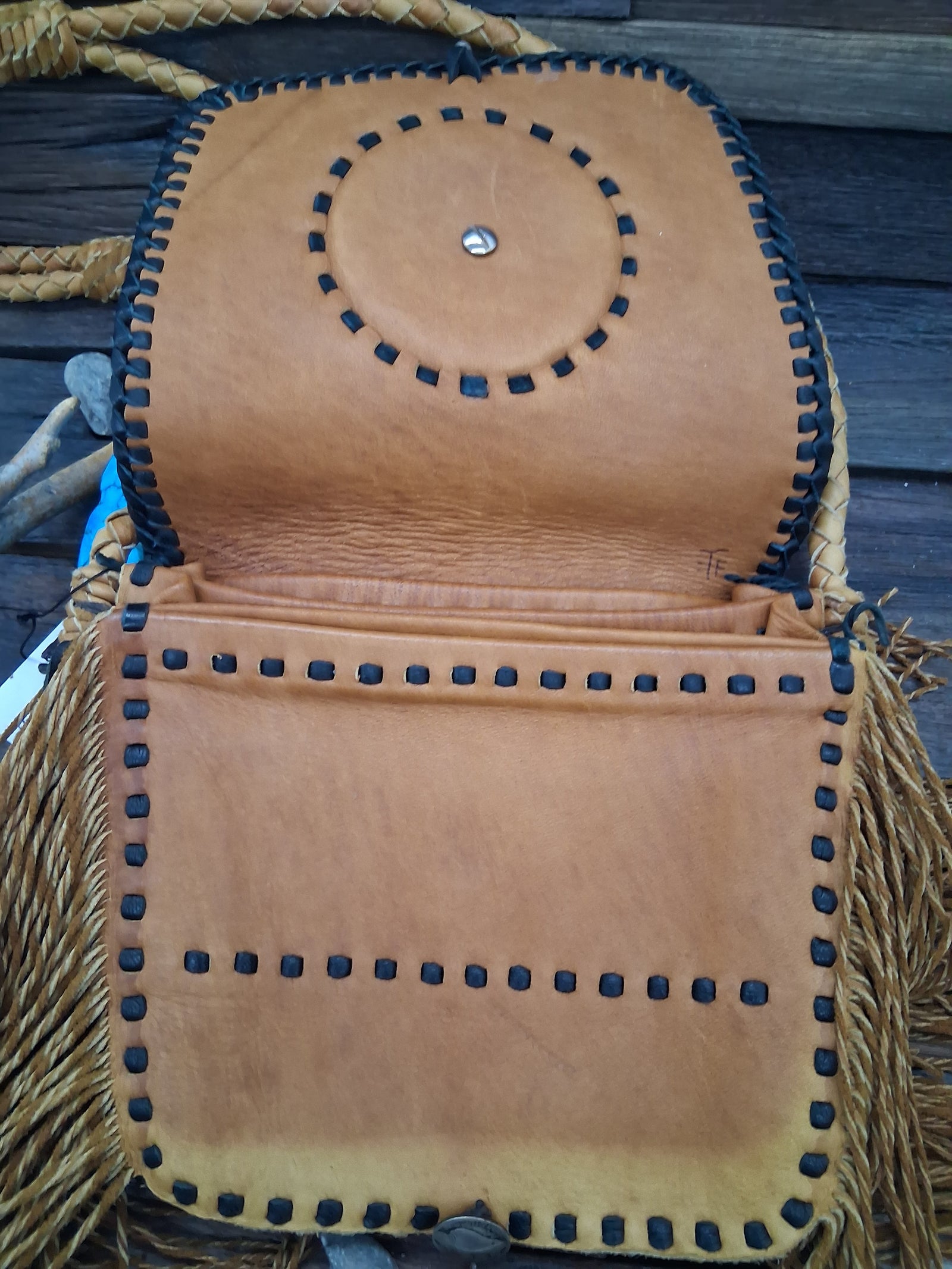 Comanche Style Fringed purse Elk Leather. Aaron Anderson tufa cast with turquoise.