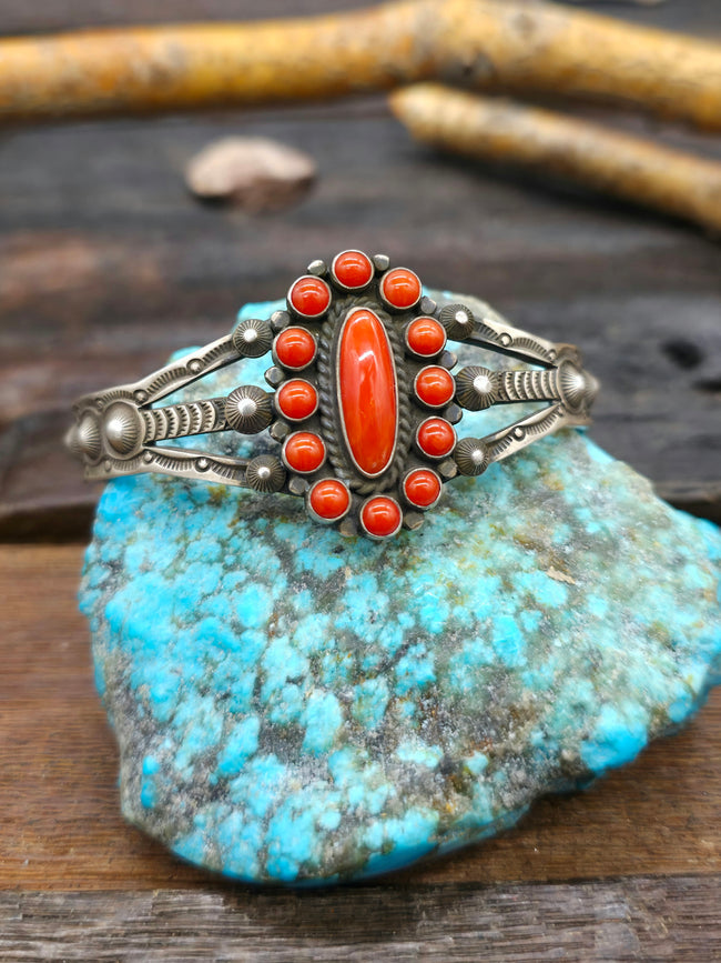 Coral Cluster Cuff Bracelet by Herman Smith - 6 3/4 in.