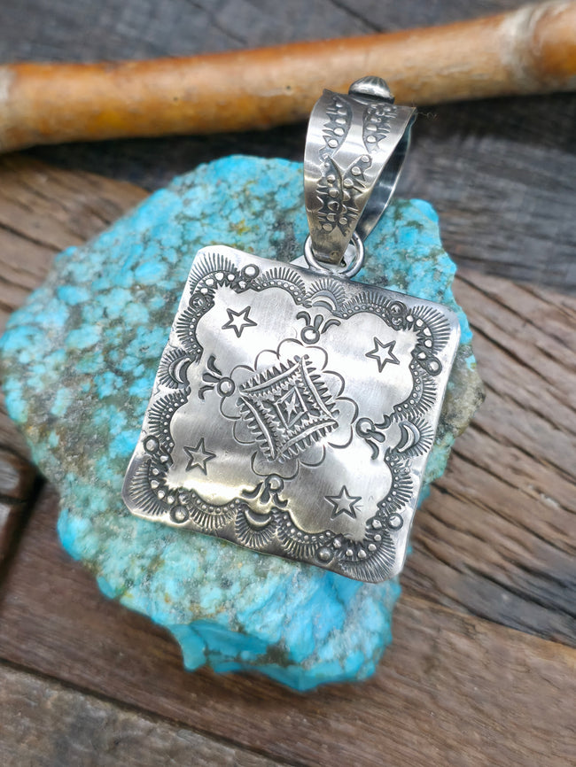Stamped Sterling Silver Square Pendant by Vincent Platero - 2 3/4 in. by 1 1/2 in.