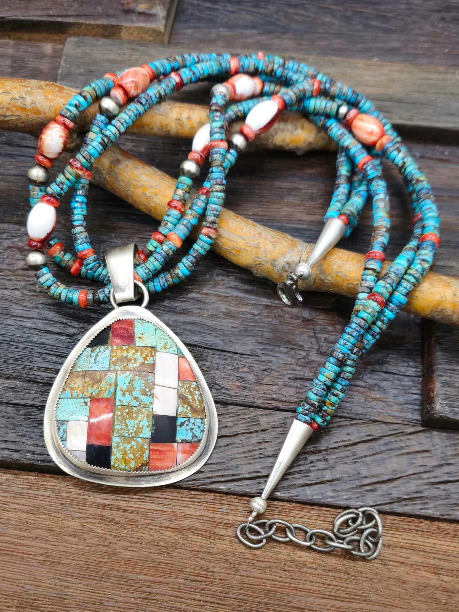 Three Strand Turquoise and Spiny Necklace with Mosaic Inlay Pendant by Daniel Coriz - 20 in.