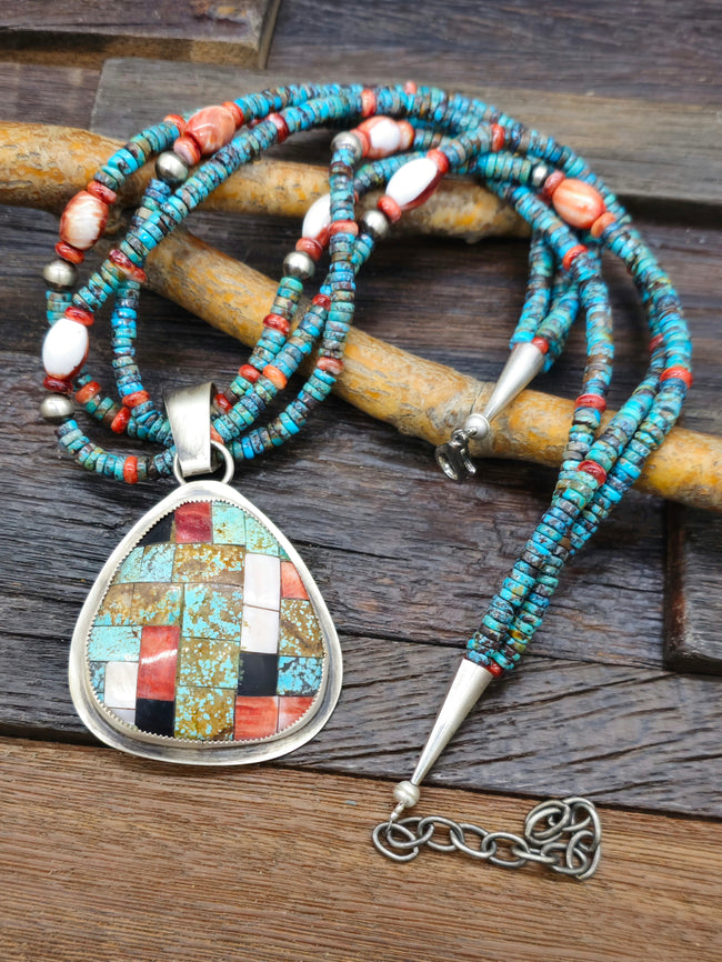 Three Strand Turquoise and Spiny Necklace with Mosaic Inlay Pendant by Daniel Coriz - 20 in.