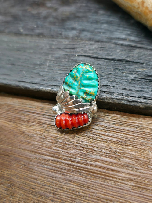 Green Turquoise and Coral Carved Leaf Pendant by Lyolita Tsatte