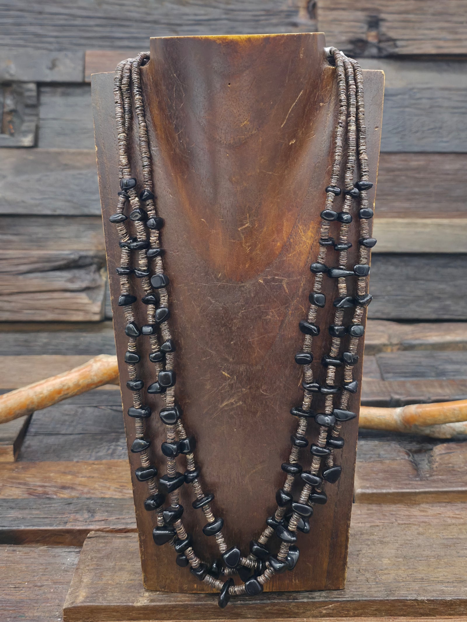 Three Strand Heishi Necklace with Onyx Nuggets by Robert Coriz - 24 in.