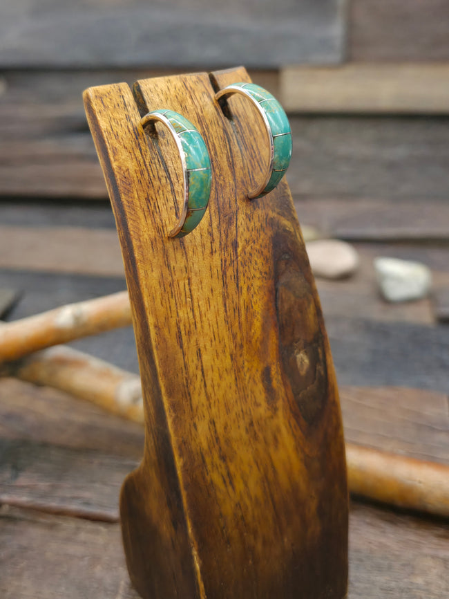 Sterling Silver Green Turquoise Inlay Half Hoop Earrings by Phil Chavez - 1 in. by 1/4 in.