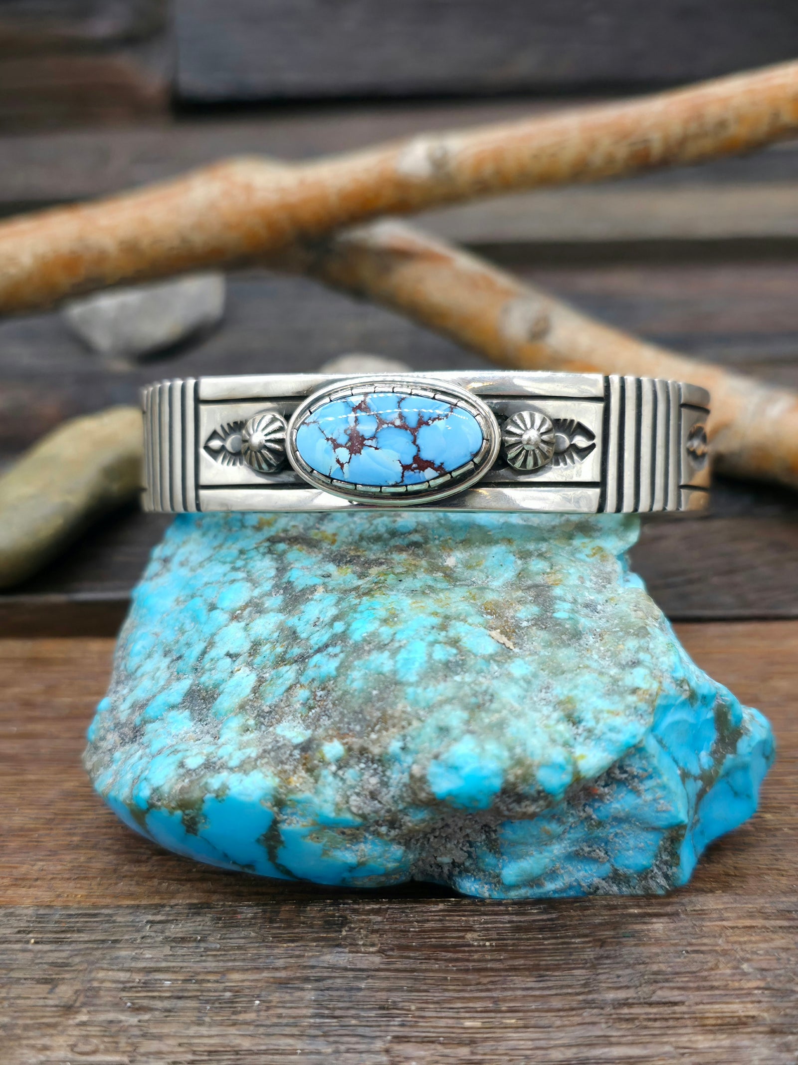 Heavyweight Stamped Sterling Silver and Golden Hills Turquoise Cuff by Albert Jake - 7 1/2 in.