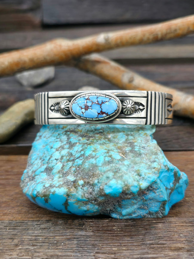 Heavyweight Stamped Sterling Silver and Golden Hills Turquoise Cuff by Albert Jake - 7 1/2 in.