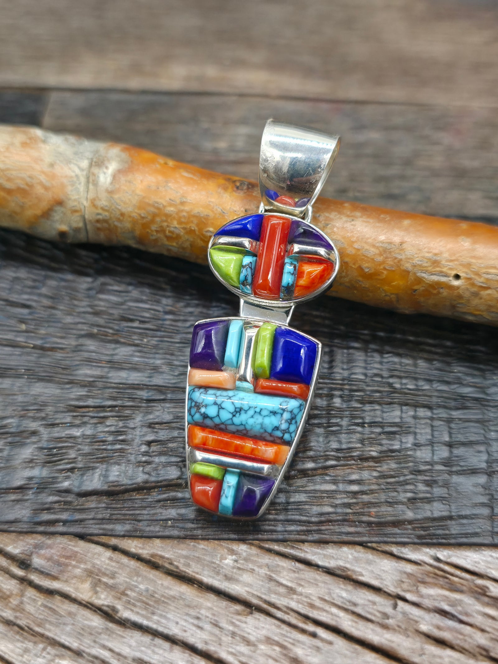 Sterling Silver Cobblestone Inlay Multi Stone Pendant by Kenneth Bitsie - 2 in. by 3/4 in.