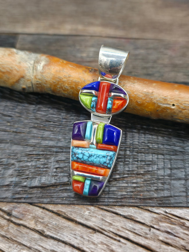 Sterling Silver Cobblestone Inlay Multi Stone Pendant by Kenneth Bitsie - 2 in. by 3/4 in.