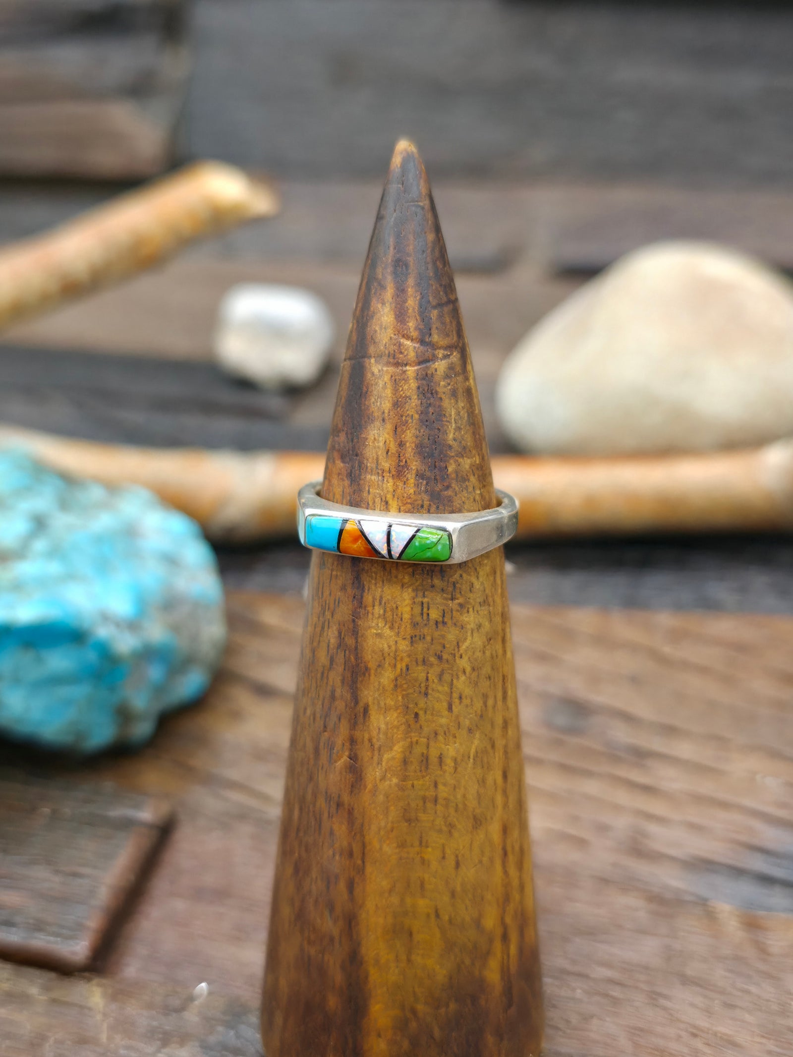 Sterling Silver Multistone Inlay Ring with Turquoise, Spiny, Gaspeite, and Lab Opal by Albert Topaha - Size 9