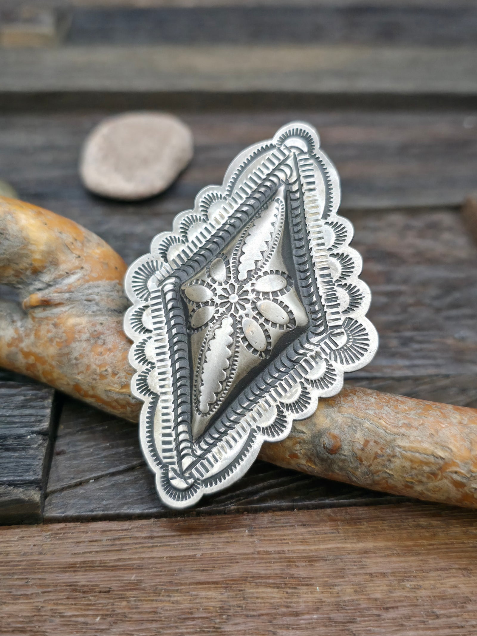 Adjustable Stamped Sterling Silver Diamond Shape Ring by Leander Tahe