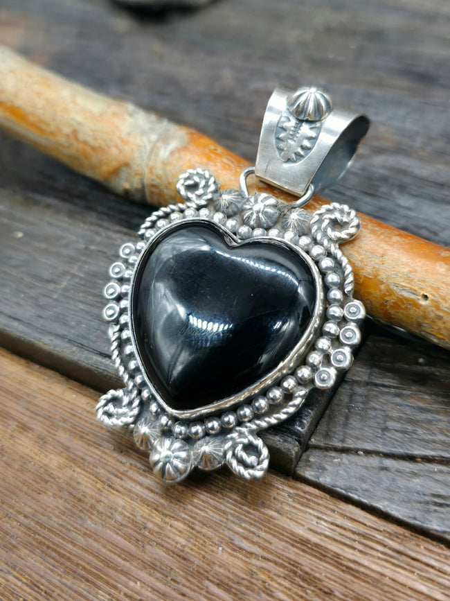 Sterling Silver and Black Onyx Heart Pendant by Rosella Paxton