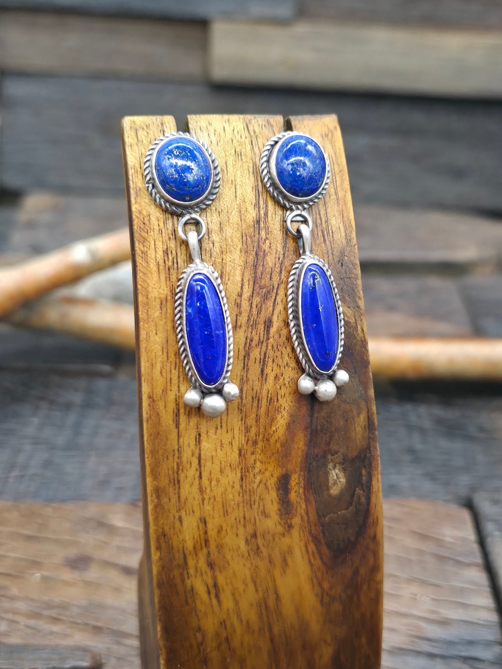 Sterling Silver Lapis Lazuli Earrings by LaRose Ganadanegro - 2 in. by 1/2 in.