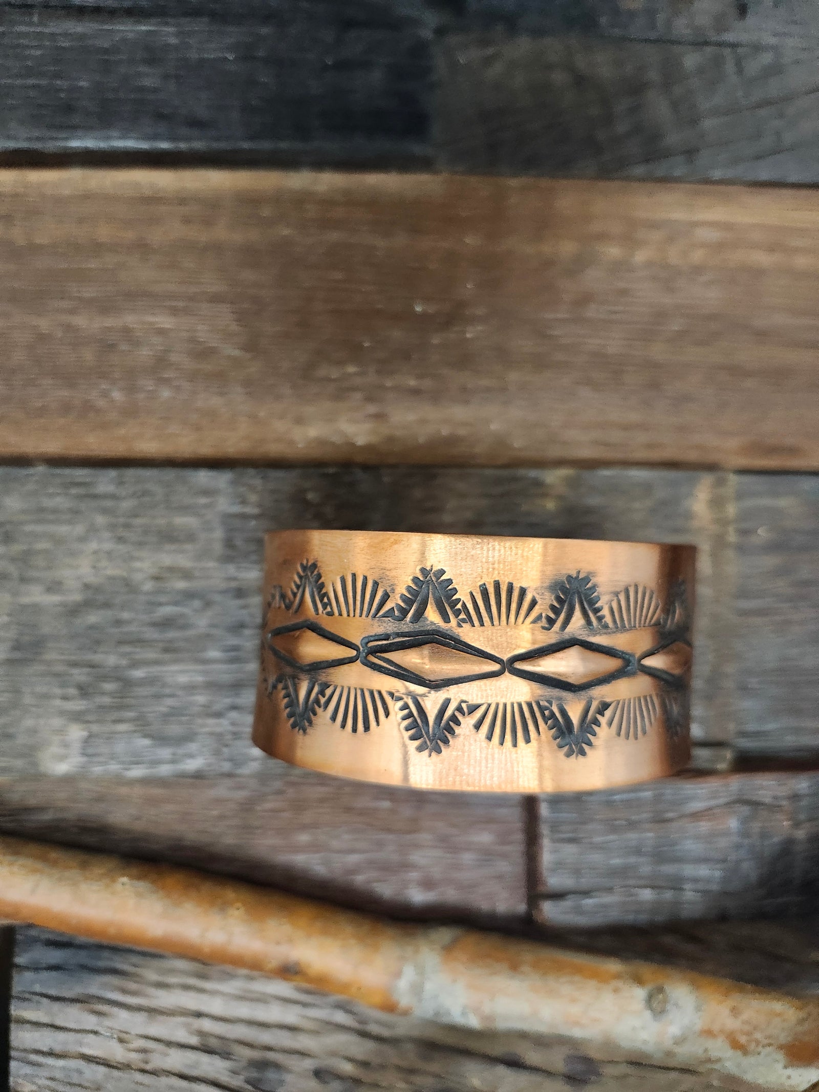 Stamped Copper Bracelet by Elvira Bill 7" w/ 1 1/2" opening