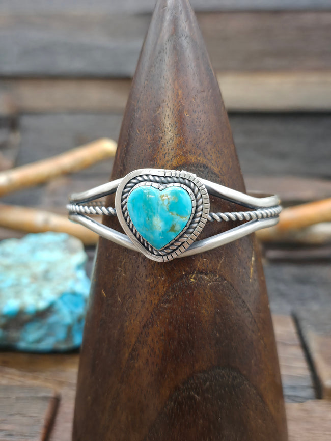 Oxidized Sterling Silver Kingman Turquoise Heart Cuff by Walter Vandever - 6 1/2 in. with Gap