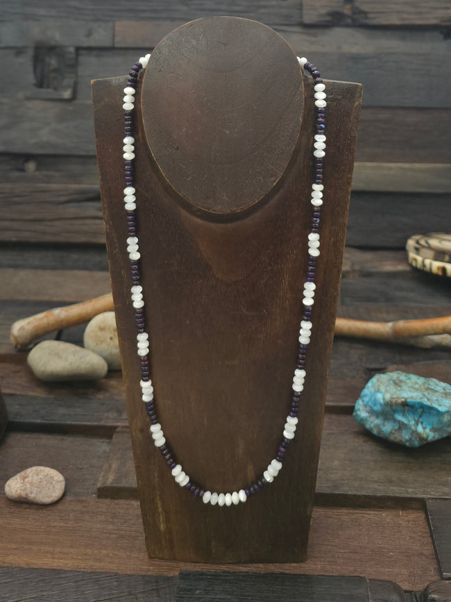 Mother of Pearl and Purple Mojave Bead Necklace by Fred Archuleta - 24 in.