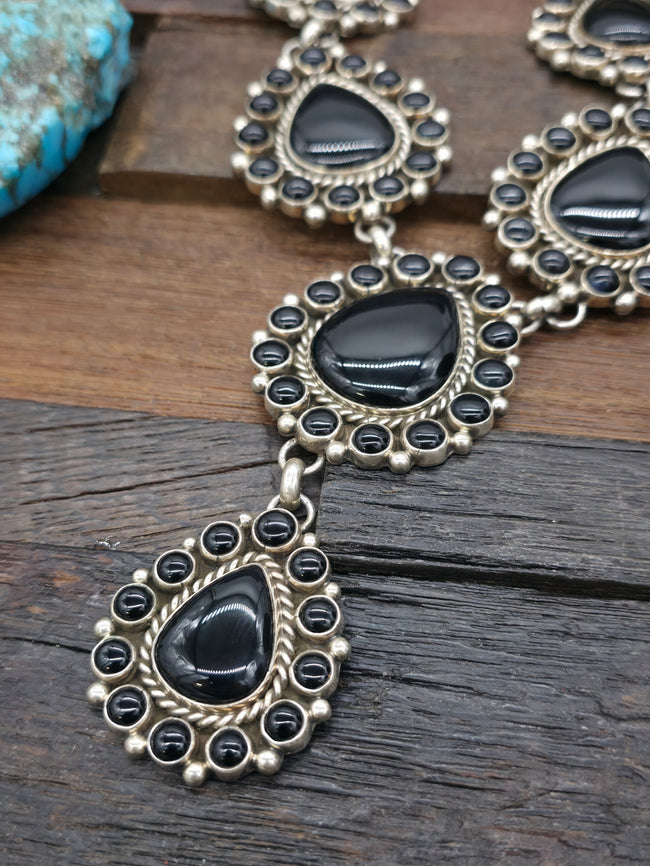 Black Onyx and Sterling Silver Lariat Necklace by Melvin and Tiffany Jones - 33 in.