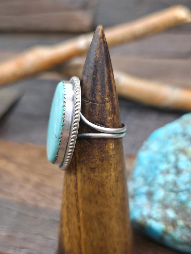 Sterling Silver Oval Turquoise Statement Ring by Leslie Nez - Size 8
