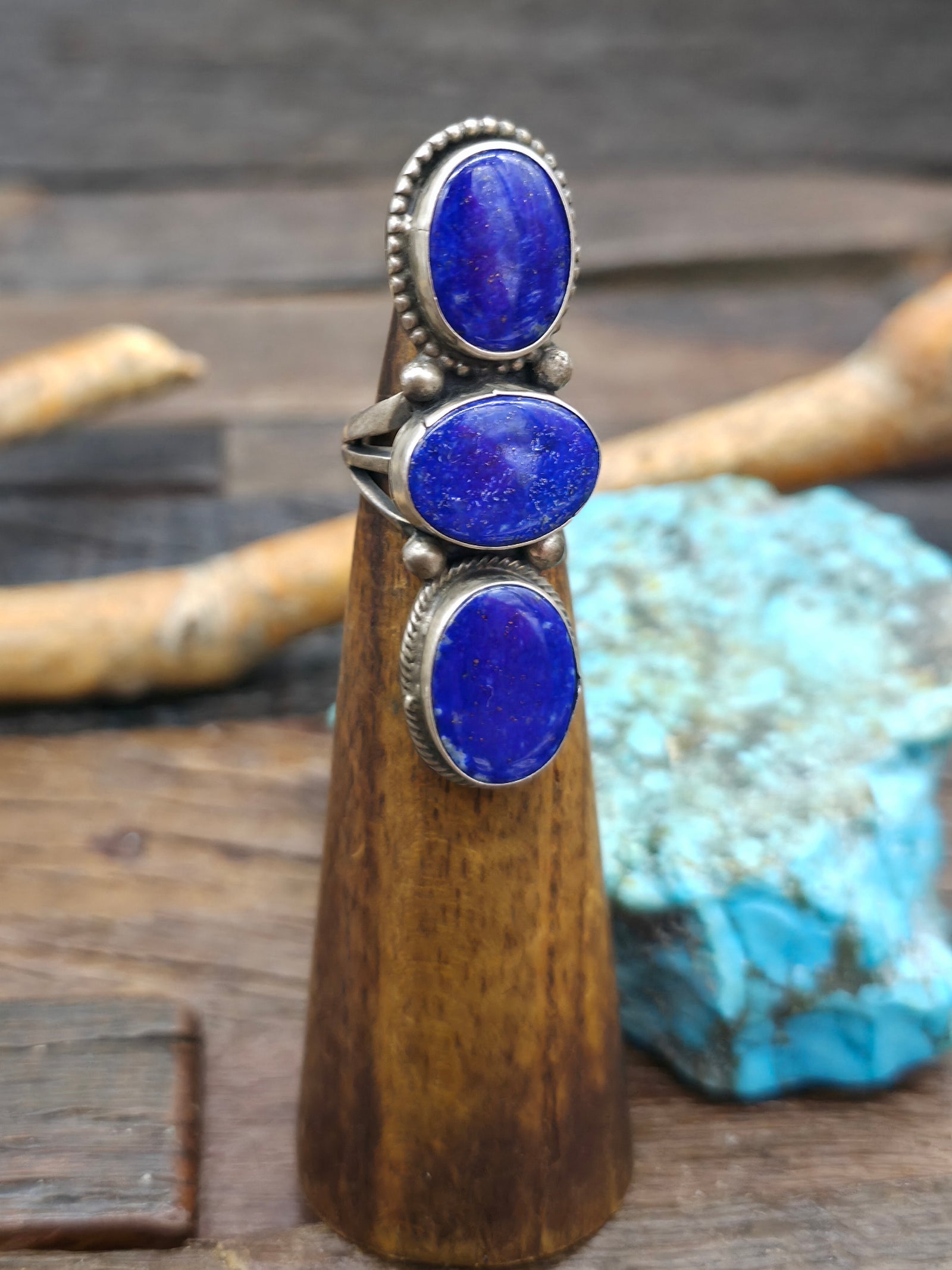Three Stone Sterling Silver Lapis Lazuli Ring by B. Johnson - Size 6