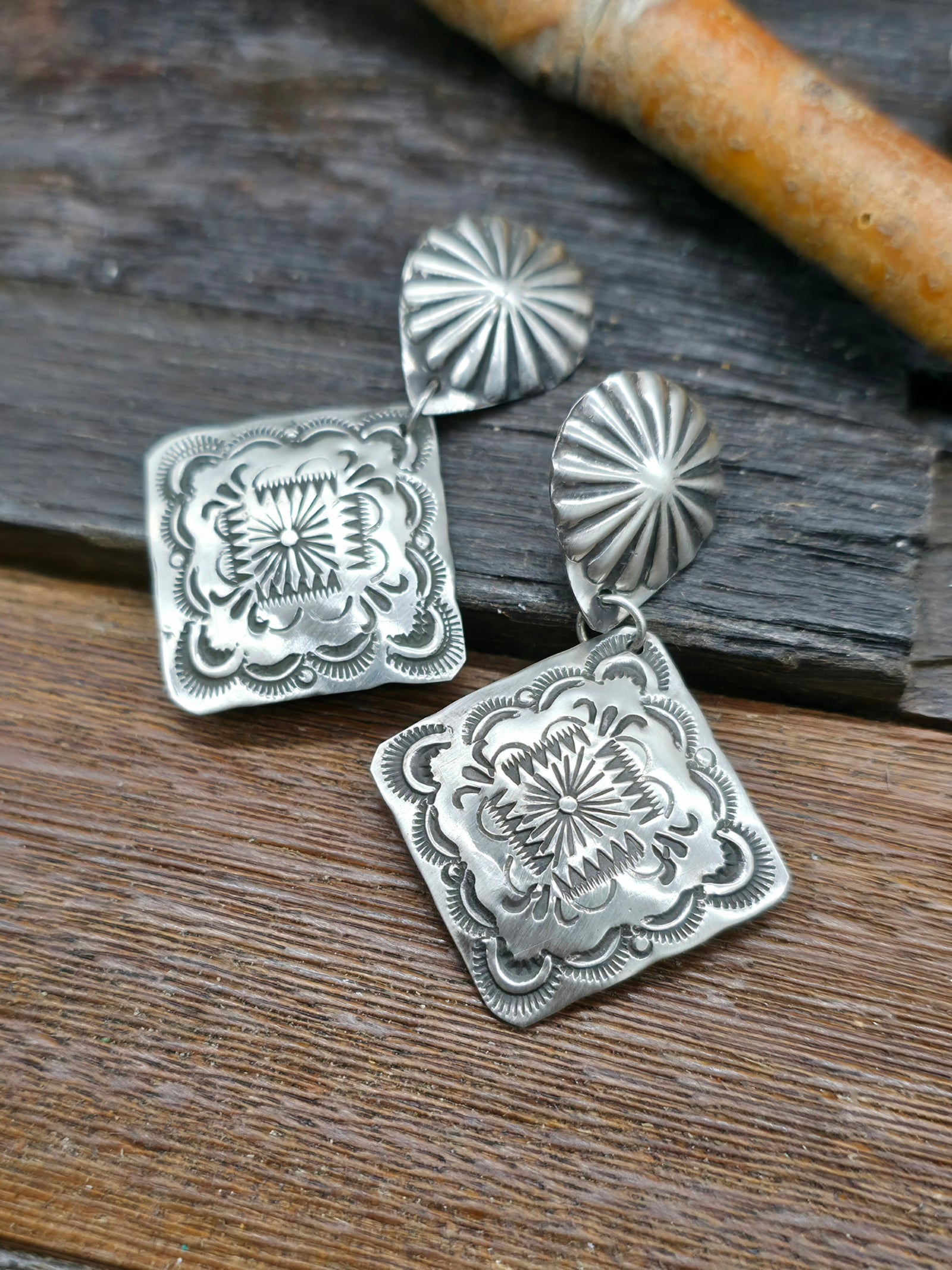 Sterling Silver Stamped Diamond Shape Earrings by Vincent Platero
