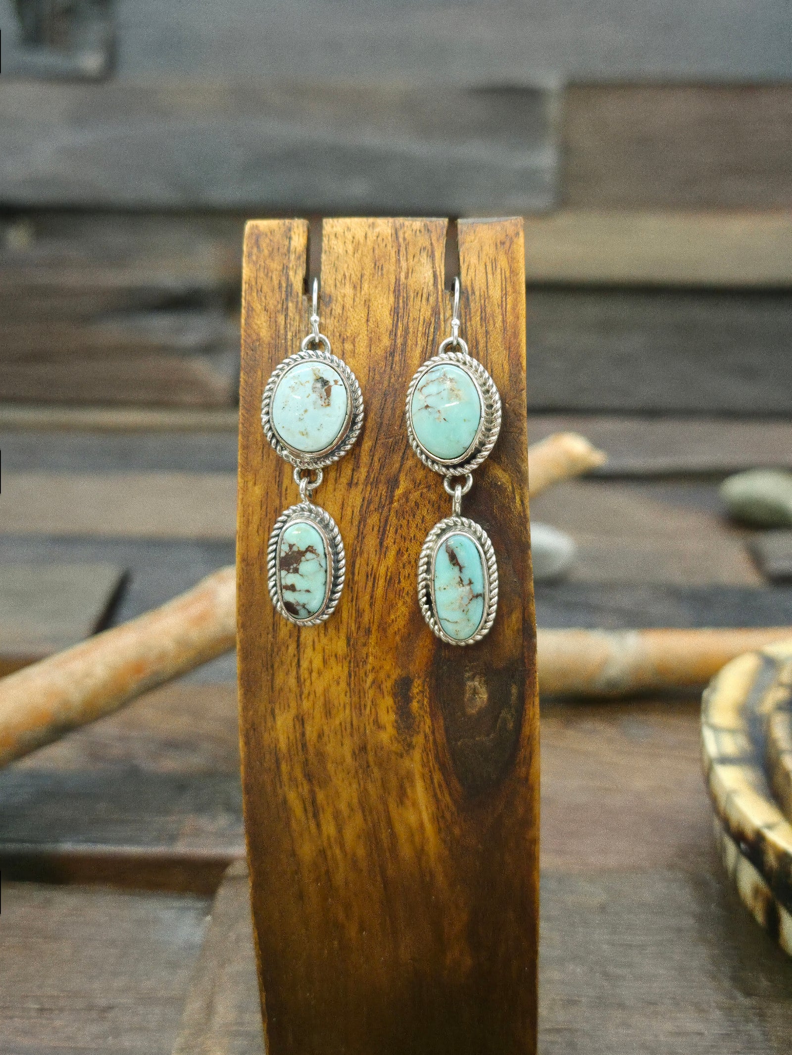 Two Stone Dry Creek Turquoise Hook Dangle Earrings by Rosella Paxton