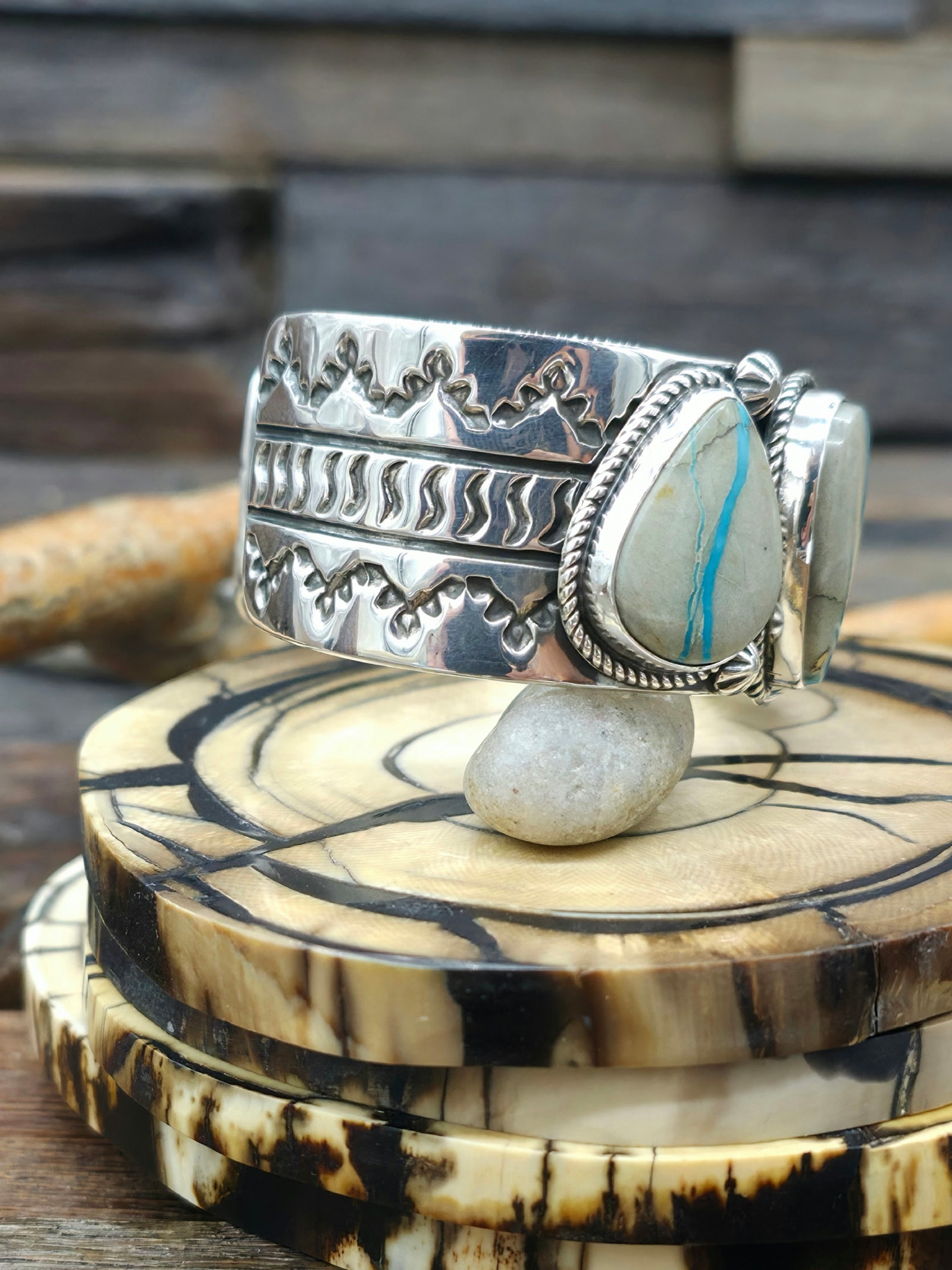 Stamped Sterling Silver and Ribbon Turquoise Cuff by Delbert Delgarito  - 6 3/4 in.