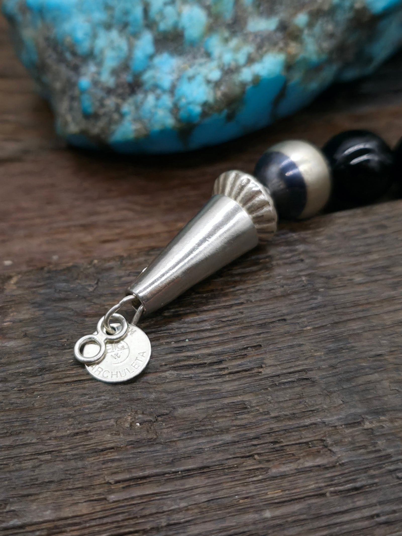 Onyx and Fluted Sterling Silver Bead Necklace by Fred Archuleta - 24 in