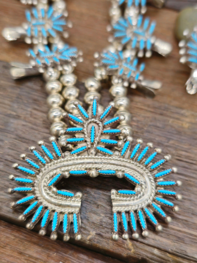 Zuni Needlepoint Turquoise Squash Blossom Necklace
