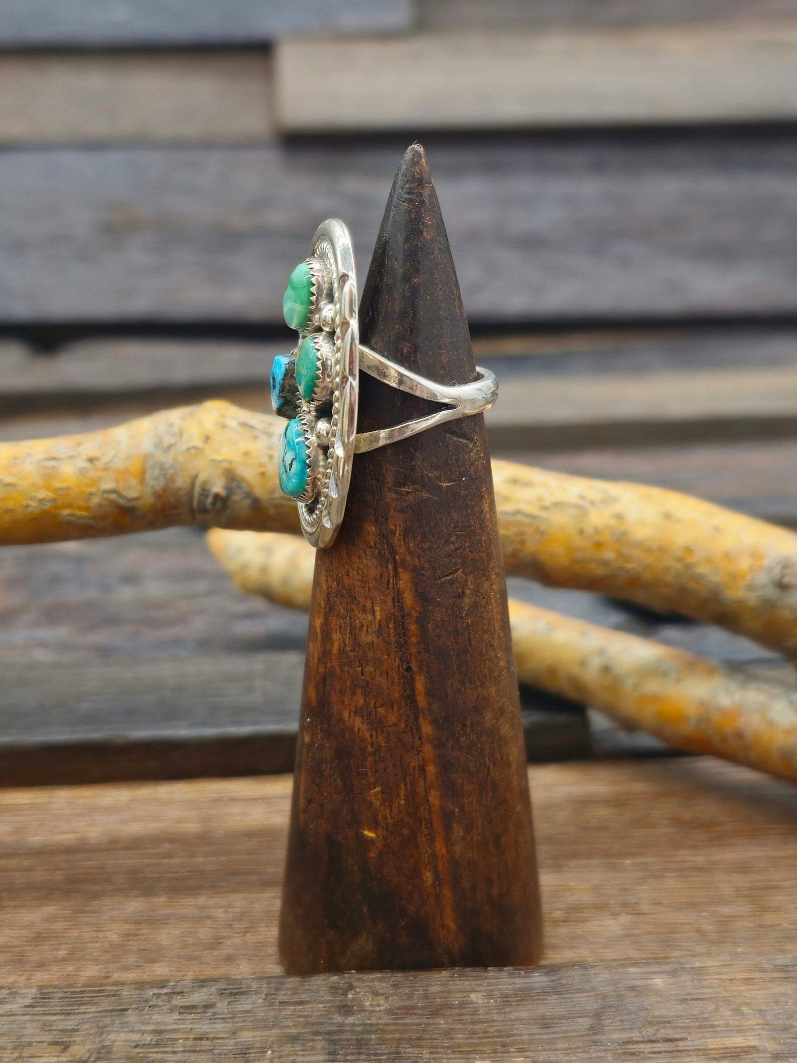 Sterling Silver Turquoise Cluster Ring by Julia Etsitty - Size 5 1/2