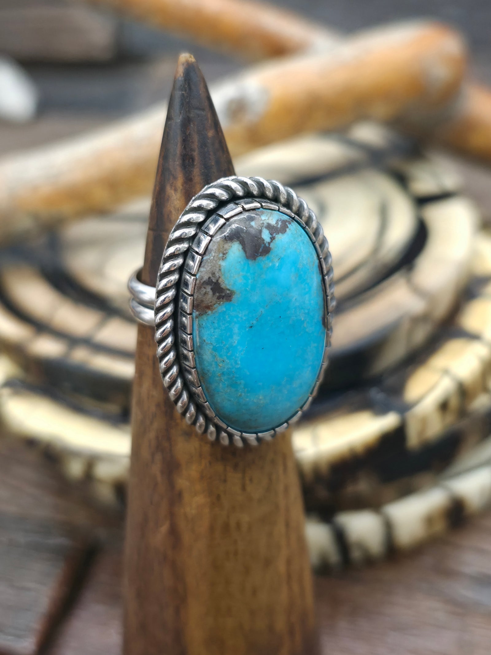 Sterling Silver Turquoise Oval Ring by Walter Vandever - Adjustable