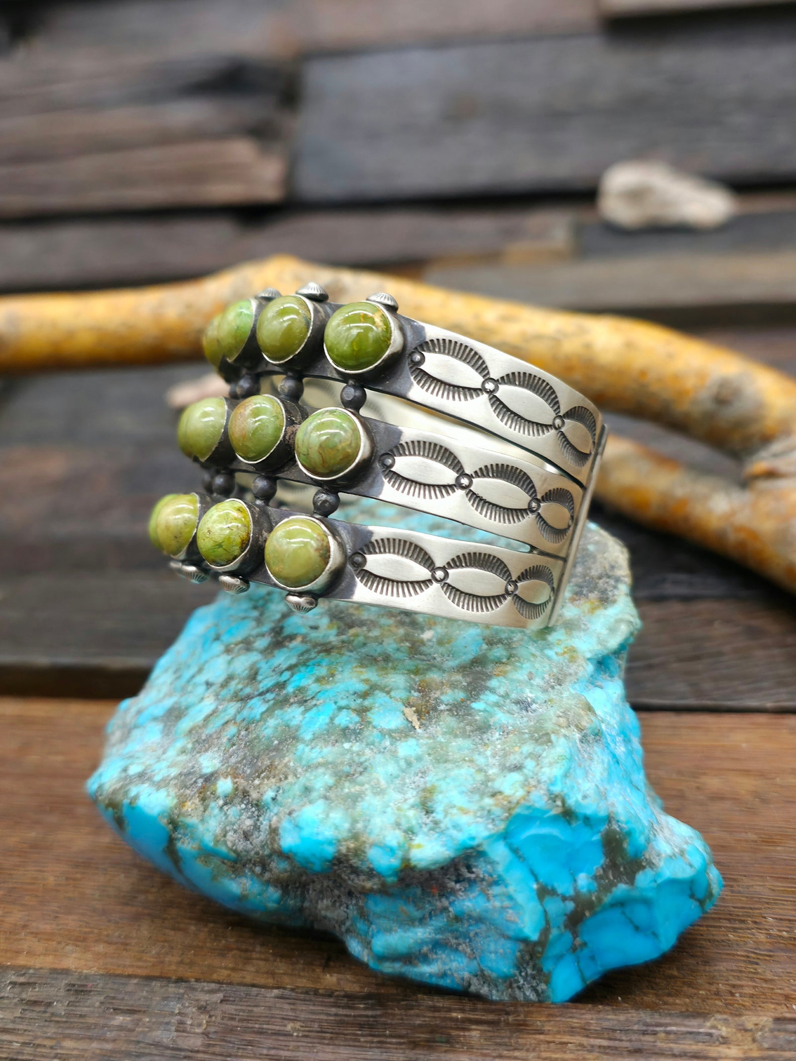 Three Row Green Turquoise Cuff - 6 1/2 in.