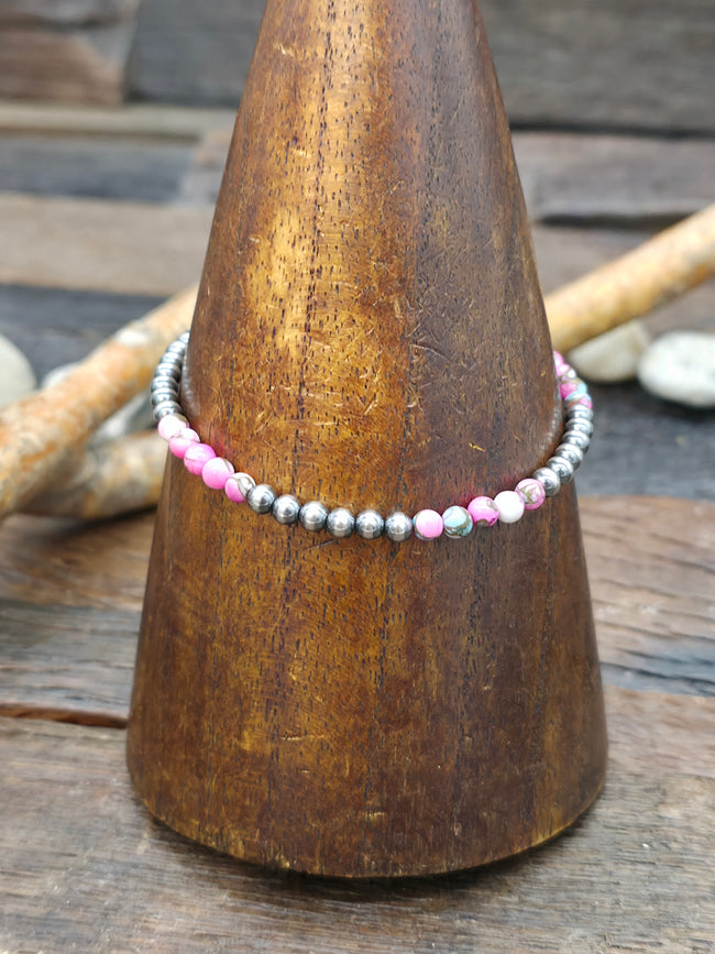Pink Mojave and Sterling Silver Small Bead Bracelet - 7 1/2 in
