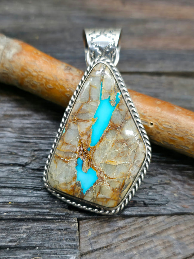 Boulder Blue Gem Turquoise Sterling Silver Pendant by Rosella Paxton