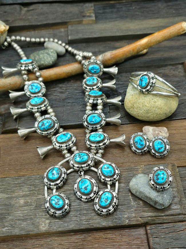 Vintage/Estate Sterling Silver Kingman Turquoise Four Piece Squash Blossom Set
