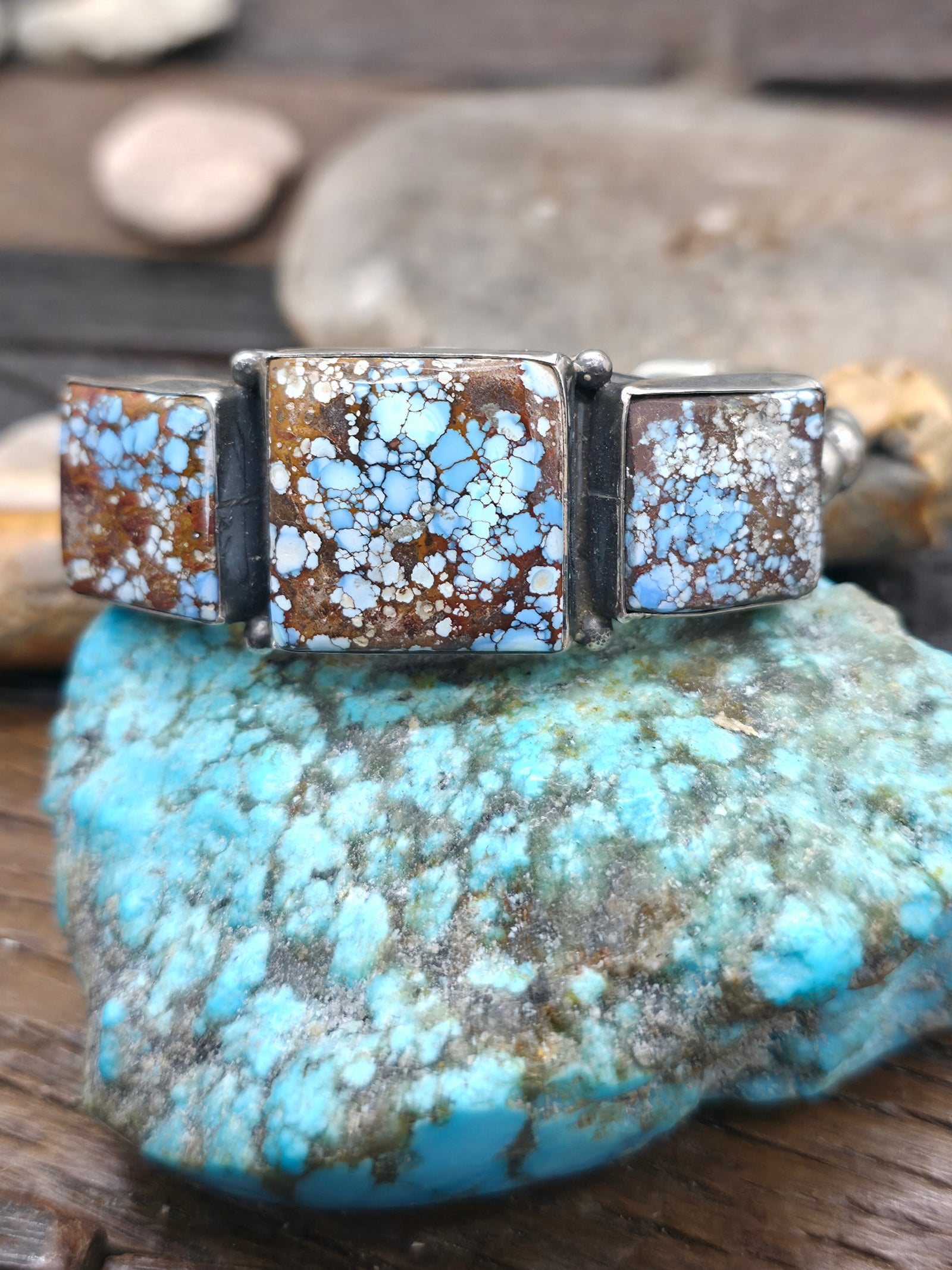 Three Stone Sterling Silver Golden Hill Turquoise Cuff by "JH" - 6 1/4 in. with Gap