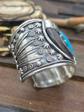 Sterling Silver Leaf Applique Cuff with Bear Claws and Turquoise by Ernest Hawthorne - 7 1/2 in. with Gap