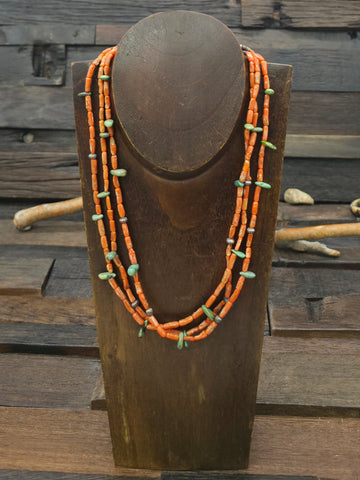 4 Strand Coral Bead Necklace with Sterling Silver Caps by Mel Masquat - 22 in. plus 3 in. Extender