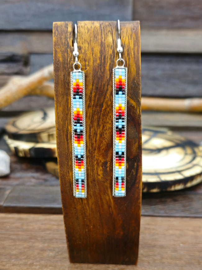 Long Beaded Sterling Silver Earrings by Lucille Ramone  - Light Blue and Black
