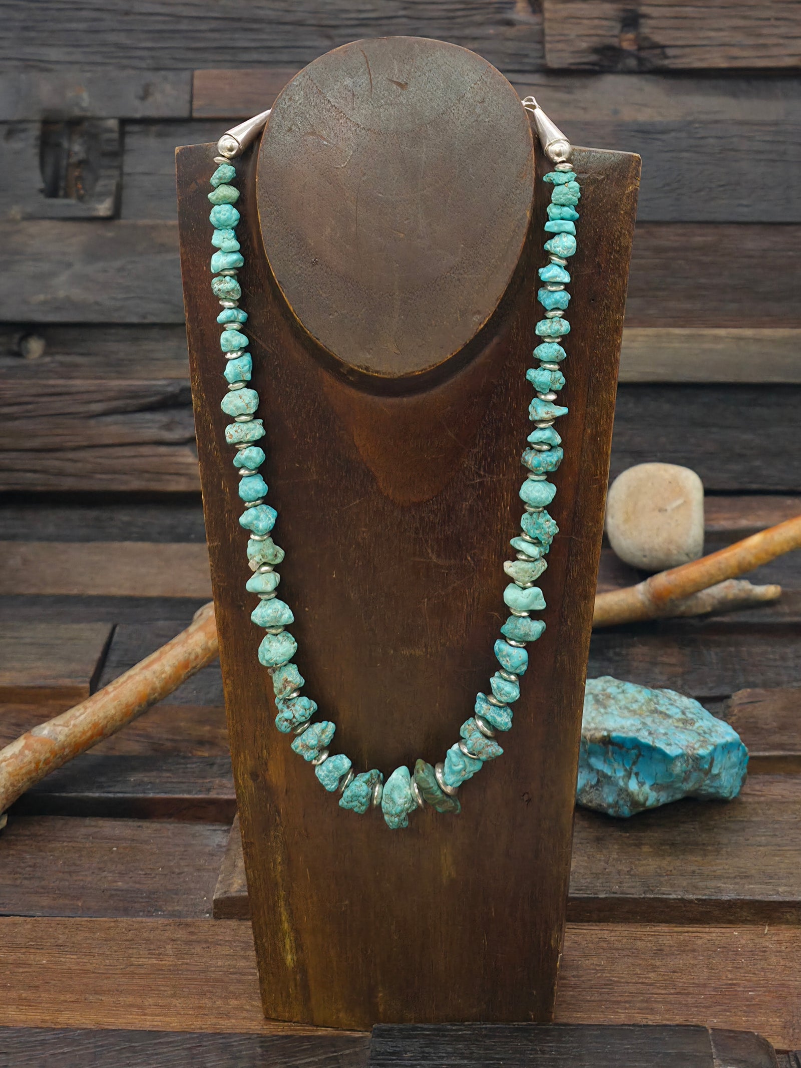 Graduated Turquoise Nugget and Sterling Silver Bead Necklace by Fred Archuleta - 18 in, plus 6 in. Extender