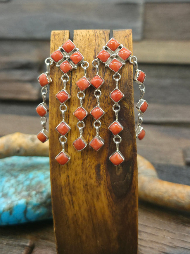 Sterling Silver Coral Chandelier Earrings - 2 1/2 in. by 1 in.