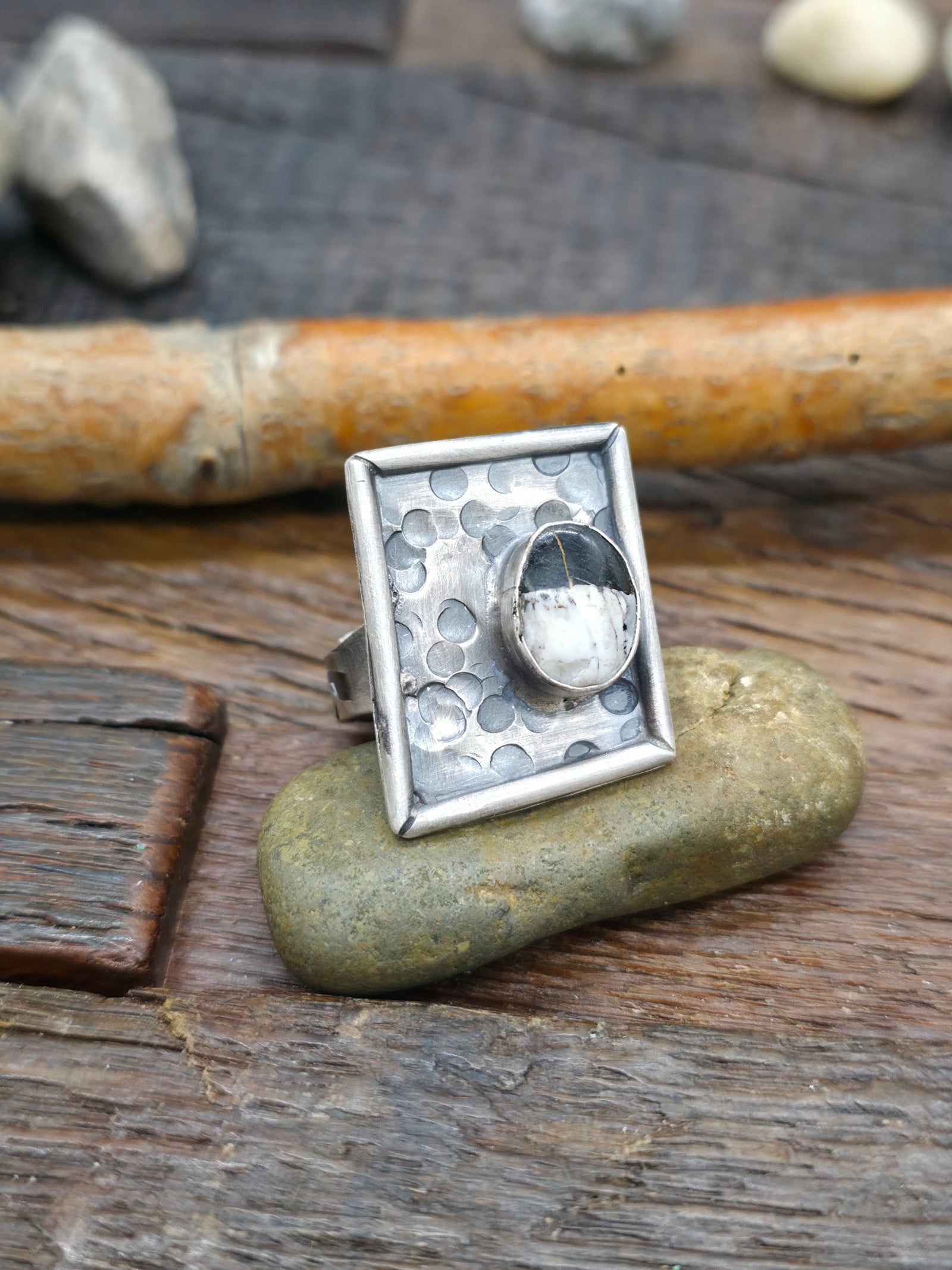 Hammered Sterling Silver White Buffalo Ring by Rosella Paxton - Adjustable