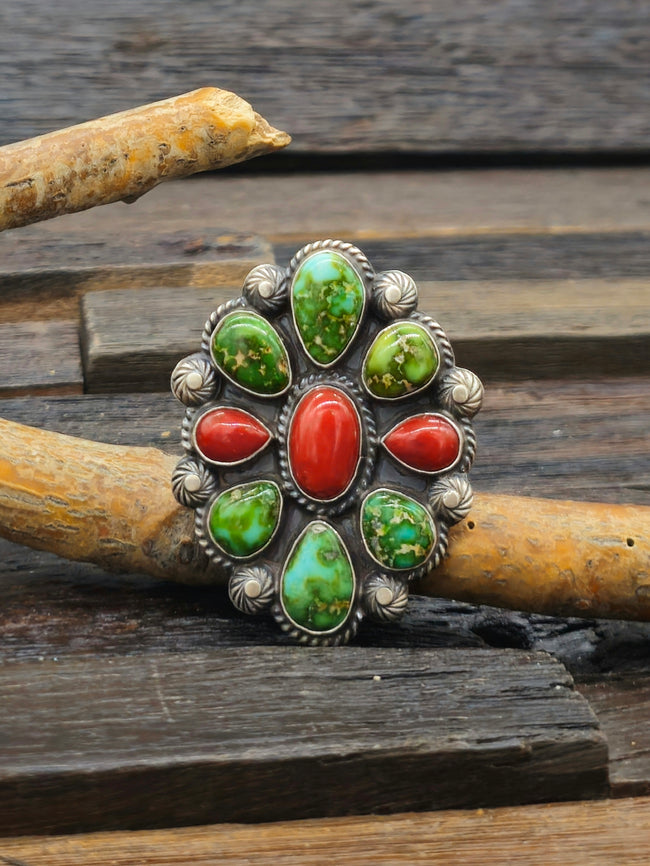 Sonoran Turquoise and Coral Sterling Silver Cluster Ring by Anthony Skeets - Size 7.5